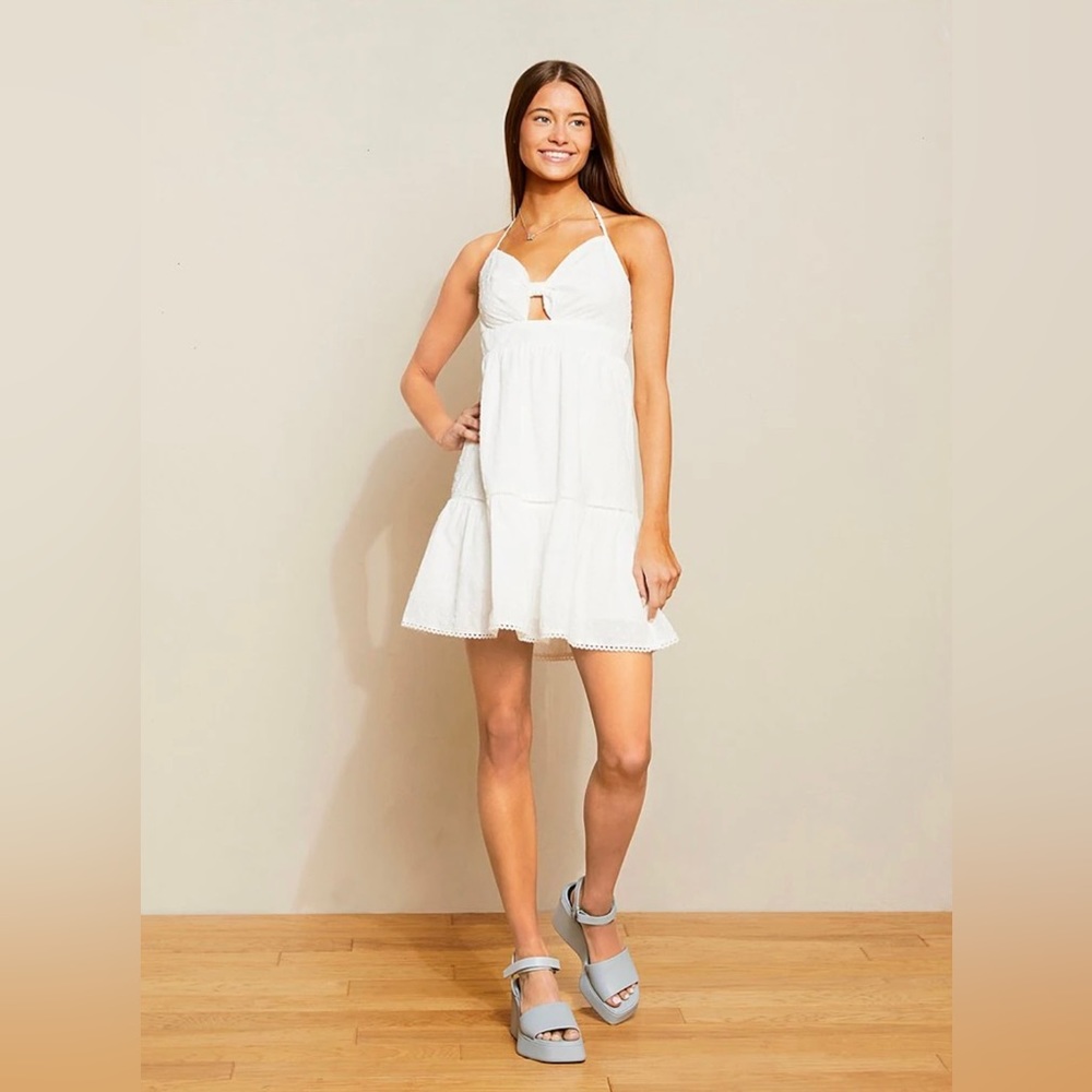 GB White Halter Neck Cutout Twist Front Clip Dot Fit and Flare Dress